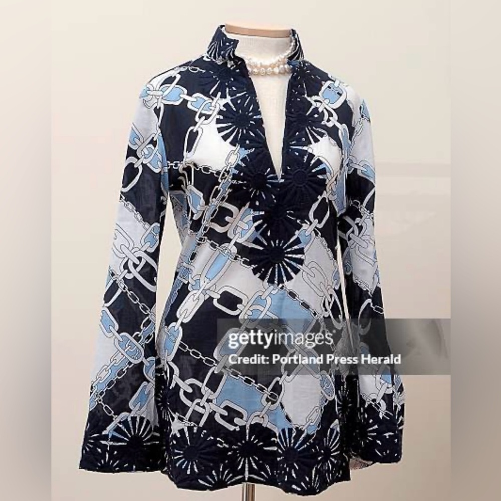 Tory Burch Cotton Tunic in Blue and White Chain Pattern